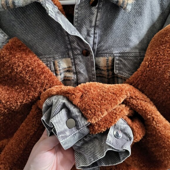Oli & Hali Pieced Sherpa Corduroy Plaid Jacket Womens Large Button Down - Picture 9 of 12
